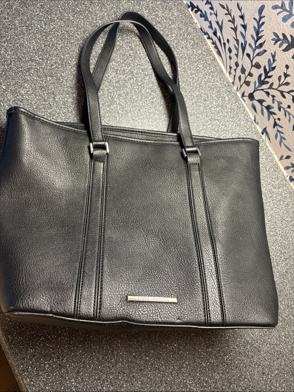 Steve Madden Black Leather Tote with Subtle Metal Plate